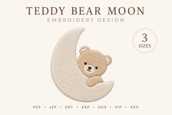 Baby blanket embroidery design of a small teddy bear sitting on a crescent moon available in 3 sizes