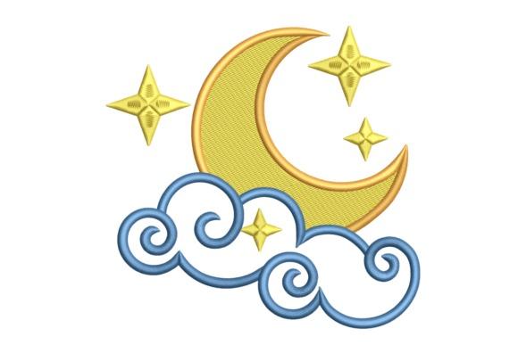 Sleeping Angel Moon baby blanket embroidery design with crescent moon, stars, and swirling clouds
