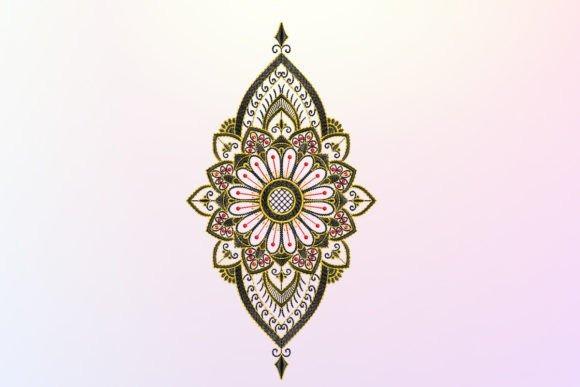 Wide motif embroidered jacket design with floral and geometric patterns in gold, white, and red