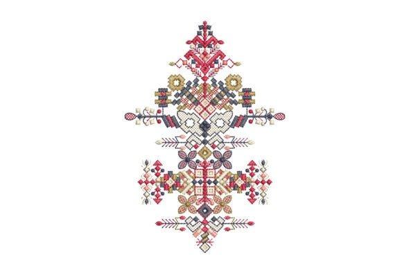 Geometric and floral embroidered jacket motif in red, gold, black, and white with symmetrical design