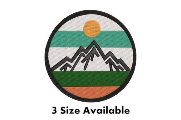 machine embroidery patch of a mountain badge with sun and striped background
