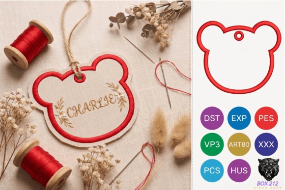 Etsy embroidery files for machine embroidery projects featuring a personalized Mouse Ears Bag Tag with red border and name