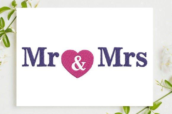 Mr and Mrs wedding embroidery hoop designs with straightforward lettering and a pink heart