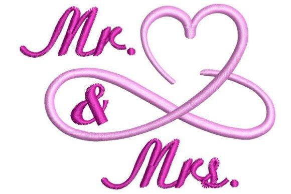Mr and Mrs infinity heart wedding embroidery designs for bridal gifts in pink and purple thread