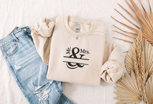 Beige sweatshirt with Mr and Mrs split monogram embroidery design featuring a large ampersand and — embroidered wedding gift