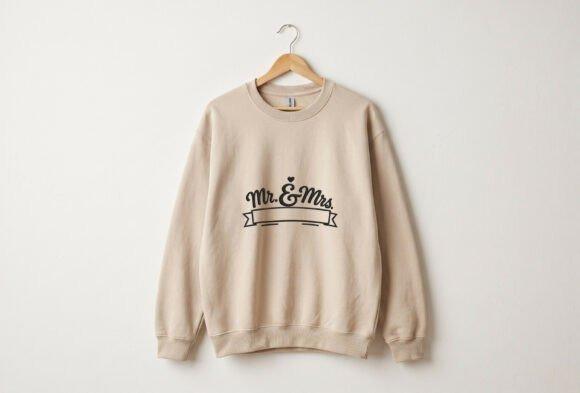 Beige sweatshirt with embroidered Mr and Mrs wedding gift design featuring script lettering and a — embroidered wedding gift