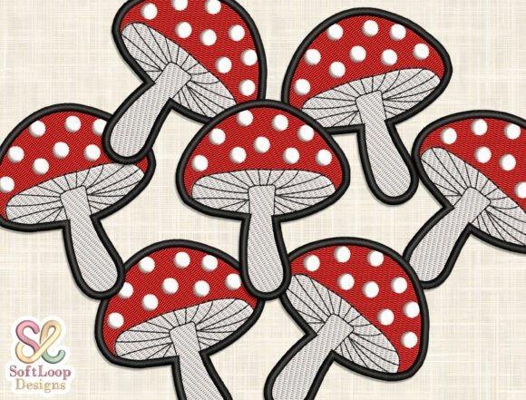 Machine embroidery patch designs of red mushroom toadstools with white spots and stitched gill details