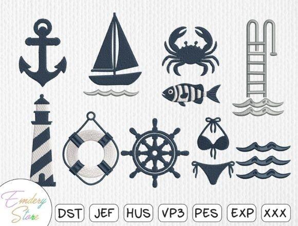 Machine embroidery patch set with nautical designs including anchor, sailboat, crab, lighthouse, lifebuoy, ship wheel, fish