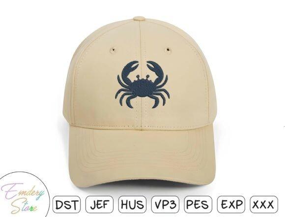 Beige cap with a navy blue machine embroidery patch of a crab on the front