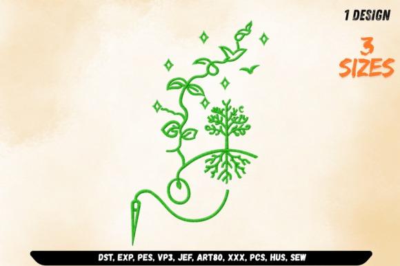 Green embroidery design of a needle with sprouting plant and roots for tote bag embroidery