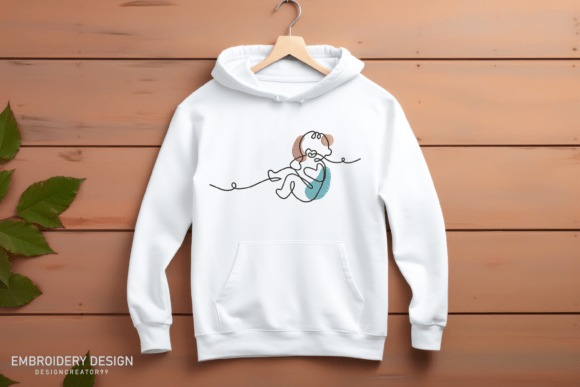 White hoodie with a simple line art embroidery of a baby holding a — Etsy embroidery files for machine embroidery projects