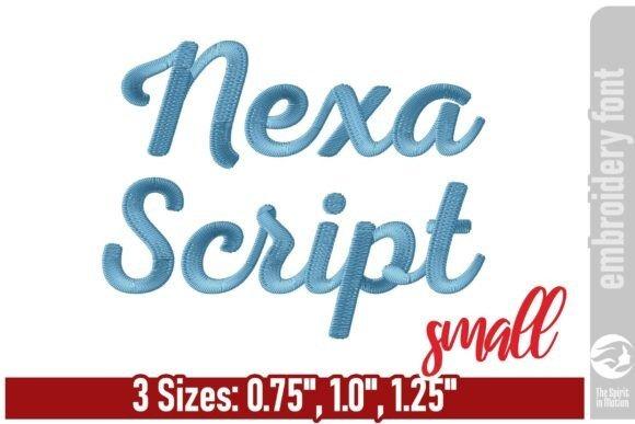 Nexa Script small cursive embroidery font in blue thread with sizes 0.75, 1.0, and 1.25 inches