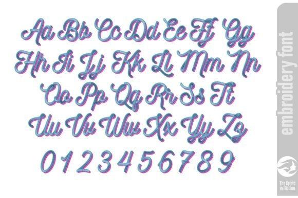 Cursive embroidery font with shadow effect showing uppercase and lowercase letters and numbers