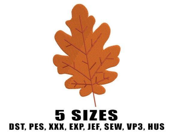 Fall leaf embroidery design of an oak leaf in orange with visible vein details
