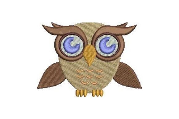 Standalone owl bird embroidery design with brown wings and large blue eyes, sized about 2.7 by 3.8 — bird embroidery designs