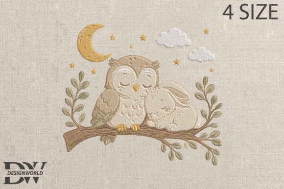 Etsy embroidery files for machine embroidery projects featuring owl and rabbit on a branch under moon and stars