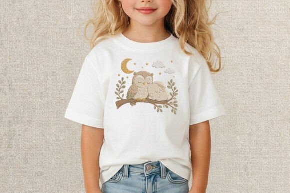 Etsy embroidery files for machine embroidery projects showing owl and rabbit design on child's white t-shirt
