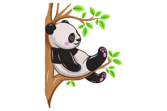 Animal embroidery of a panda sitting on a tree branch with green leaves