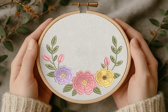 Embroidery sweatshirt ideas featuring pastel floral embroidery design with pink, purple, and yellow flowers in a wooden hoop