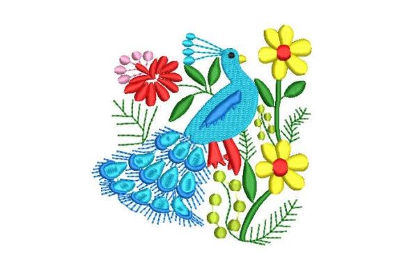 Peacock embroidery design with blue bird and colorful flowers including red and yellow blossoms