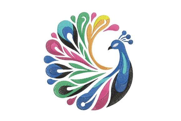 Colorful peacock embroidery design with flowing feather shapes in blue, green, pink, and yellow