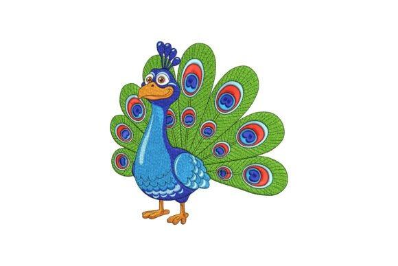 Colorful peacock embroidery design with blue body and green tail feathers featuring eye patterns