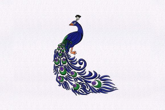 Peacock bird embroidery design with detailed blue and green plumage on white fabric — bird embroidery designs