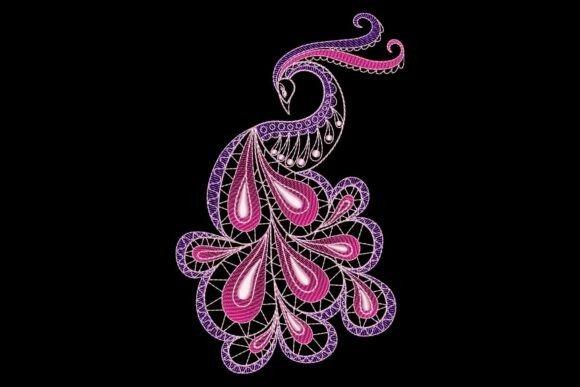 Peacock embroidery design with prominently displayed tail in purple and pink tones on black background