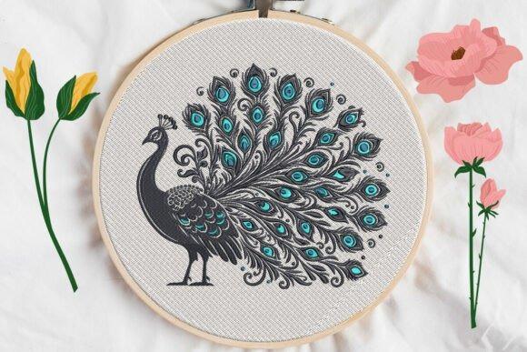 Peacock embroidery design with detailed feathers in blue and black on fabric in embroidery hoop