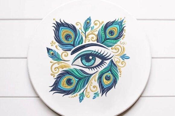 Peacock Embroidery featuring colorful peacock-feather shapes with a decorative eye and ornamental swirls