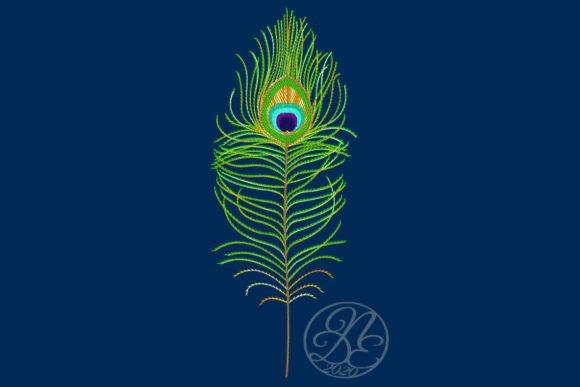 Peacock embroidery feather motif with green, blue, and yellow thread on dark background