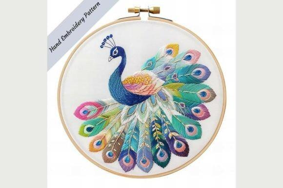 Hand embroidery designs featuring a colorful peacock with detailed plumage in a round hoop