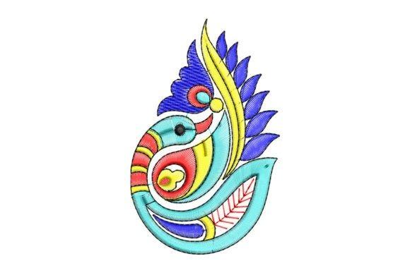 Stylized peacock embroidery design with curved feather forms and ornamental details in bright colors