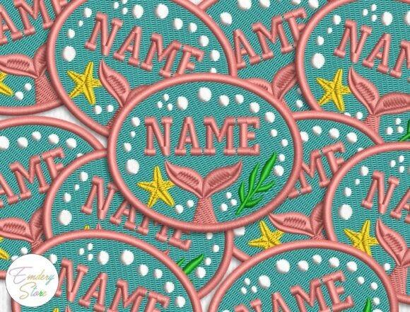 Name embroidery ideas showing personalized mermaid-themed embroidered patches with tails, starfish, bubbles, and satin-style