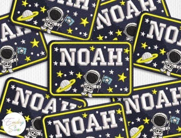 Personalized astronaut name embroidered patch with name Noah on space-themed rectangular badge — name embroidery ideas