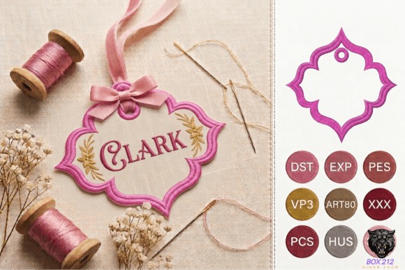 Etsy embroidery files for machine embroidery projects showing a pink personalized name tag with the name Clark and
