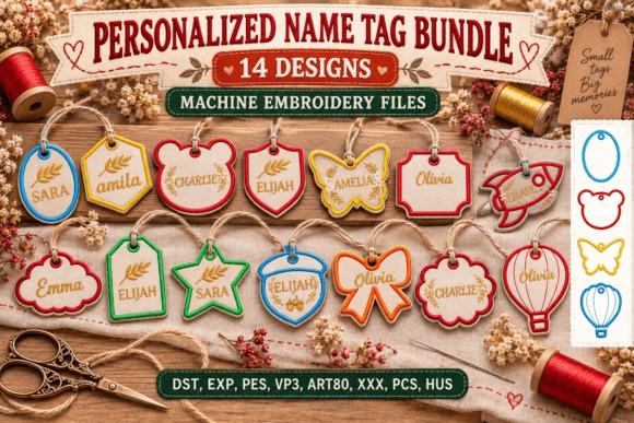 Name embroidery ideas showing 14 personalized name tag embroidery shapes including shield, butterfly, rocket, cloud, star
