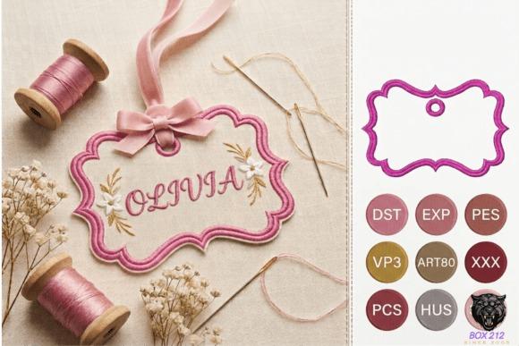 Personalized name tag embroidery design with scalloped frame, floral accents, and name Olivia in — name embroidery ideas