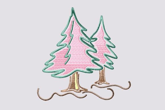 Winter embroidery patterns showing two pine trees with pink and green stitching and brown trunks on a light background