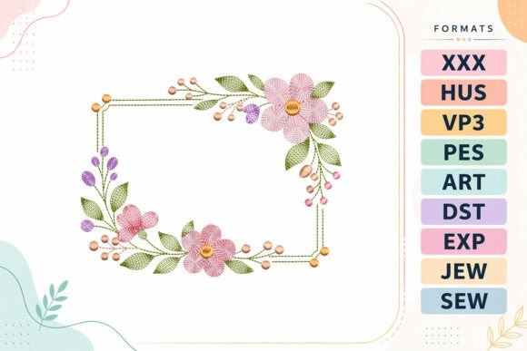Etsy embroidery files for machine embroidery projects featuring a pink blossom ripple frame with flowers and leaves