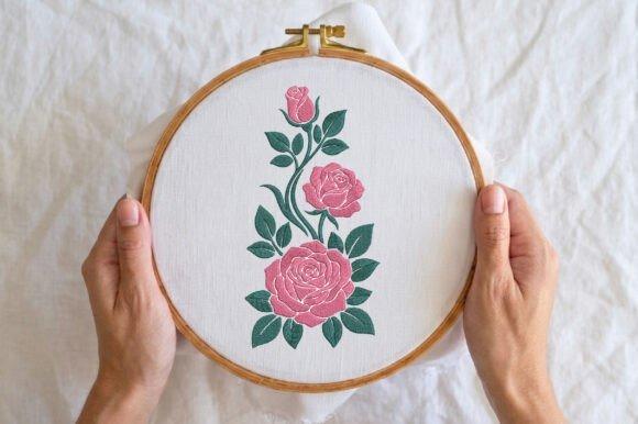Rose embroidery designs featuring blooming pink roses and green leaves in a vertical arrangement