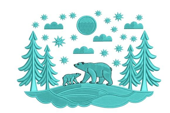 Winter embroidery patterns showing polar bears in a forest with trees, clouds, and snowflakes in turquoise thread