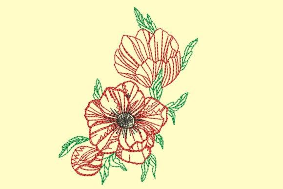 flower embroidery designs of a poppy with red outline and green leaves on pale yellow background