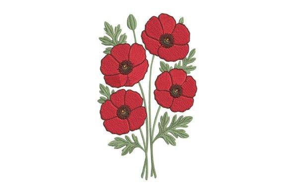 Red poppy flower embroidery design with green stems and leaves in flower embroidery designs
