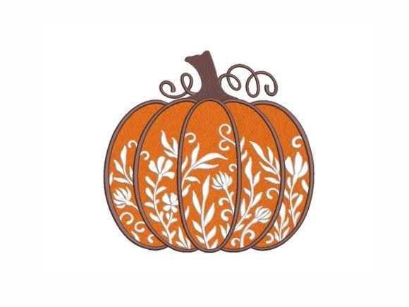 Pumpkin embroidery design with white floral patterns inside orange pumpkin segments — pumpkin embroidery designs