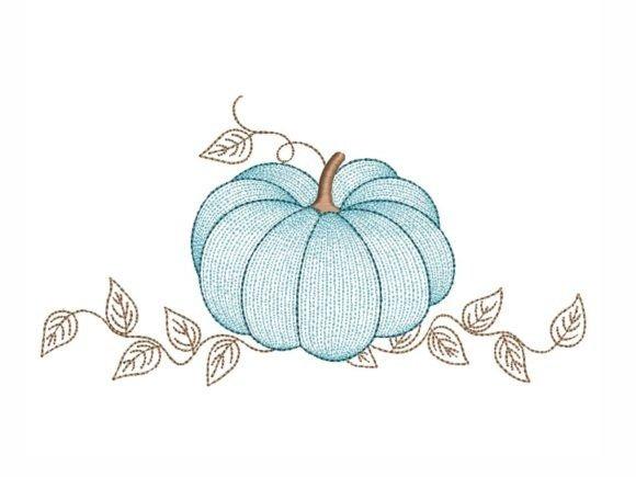 Delicate blue pumpkin embroidery design with brown stem and beige leaves for pumpkin embroidery designs