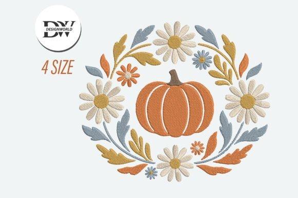 Pumpkin embroidery designs featuring a pumpkin surrounded by embroidered flowers and leaves in fall colors