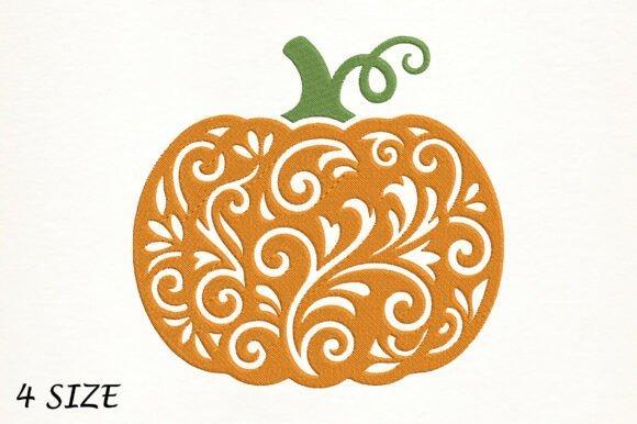 Fall embroidery designs featuring an ornamental pumpkin with swirling floral and vine details in orange and green thread