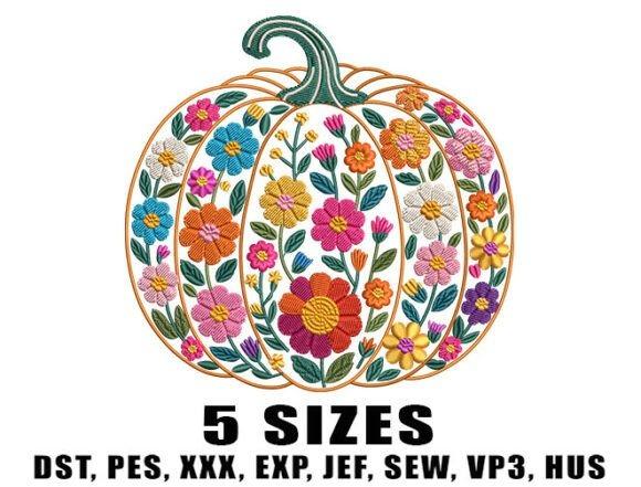 Pumpkin embroidery designs with colorful floral patterns filling the pumpkin shape