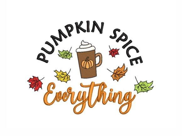 Pumpkin spice embroidery design with a coffee cup and colorful autumn leaves — pumpkin embroidery designs